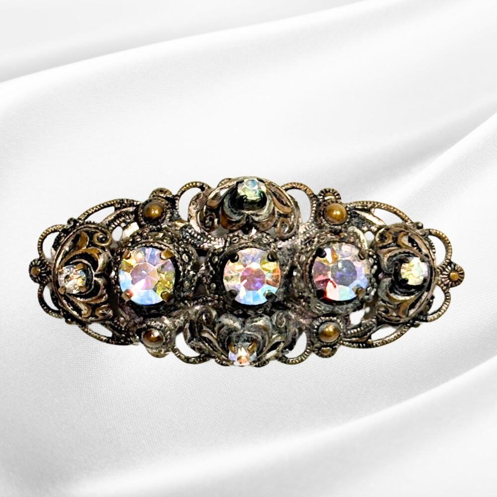Vintage German Filigree Brooch Pin Aurora Borealis Rhinestones Etruscan Revival